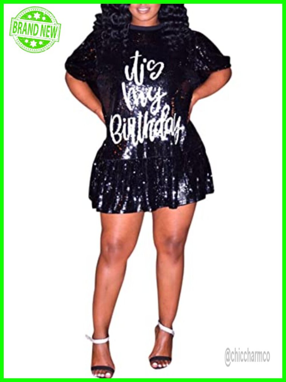 Womens Sequin Shirt Dress Letter Print Birthday Mini Dress